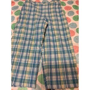 Alfred Dunner Blue Yellow Plaid Seersucker Wide Leg Crop Pants Womens 14 Elastic